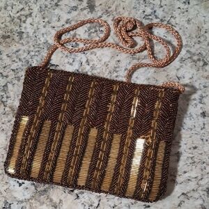 Chic Brown and Gold Beaded Clutch